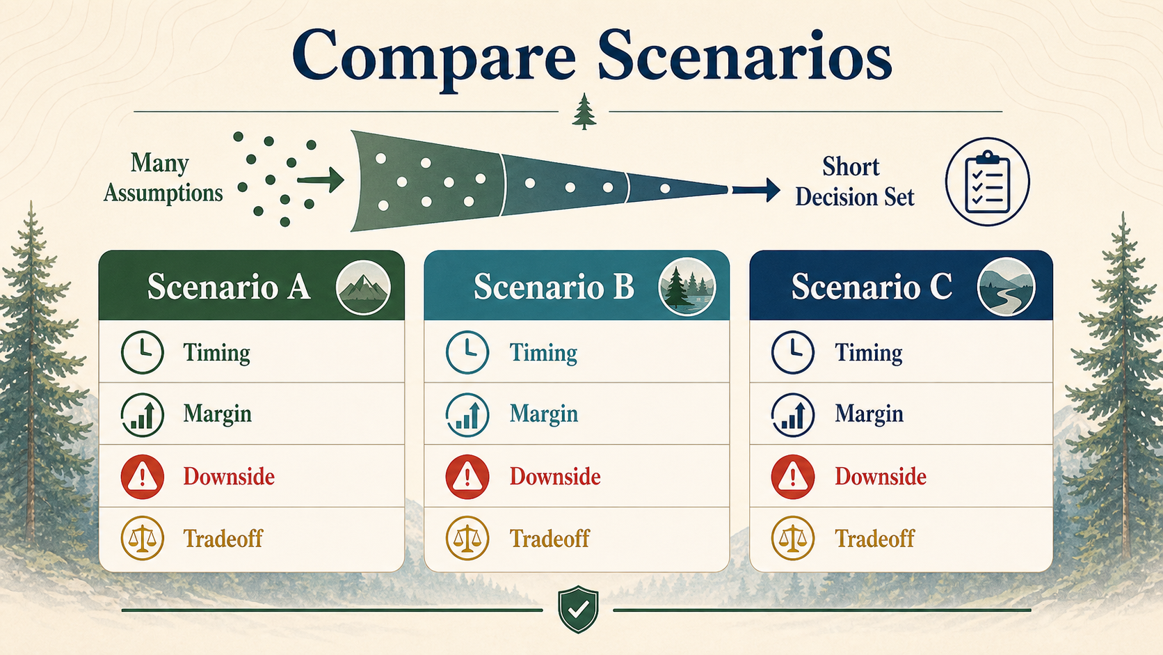 Infographic showing three retirement scenarios compared by timing, margin, downside, and tradeoff