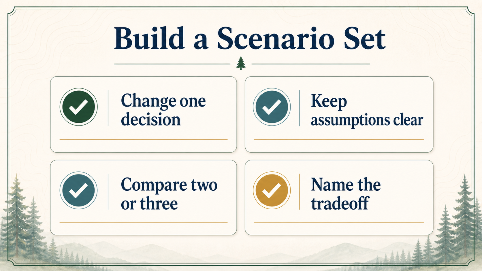 Checklist infographic for building a useful retirement scenario set by changing one decision, keeping assumptions clear, comparing two or three scenarios, and naming the tradeoff