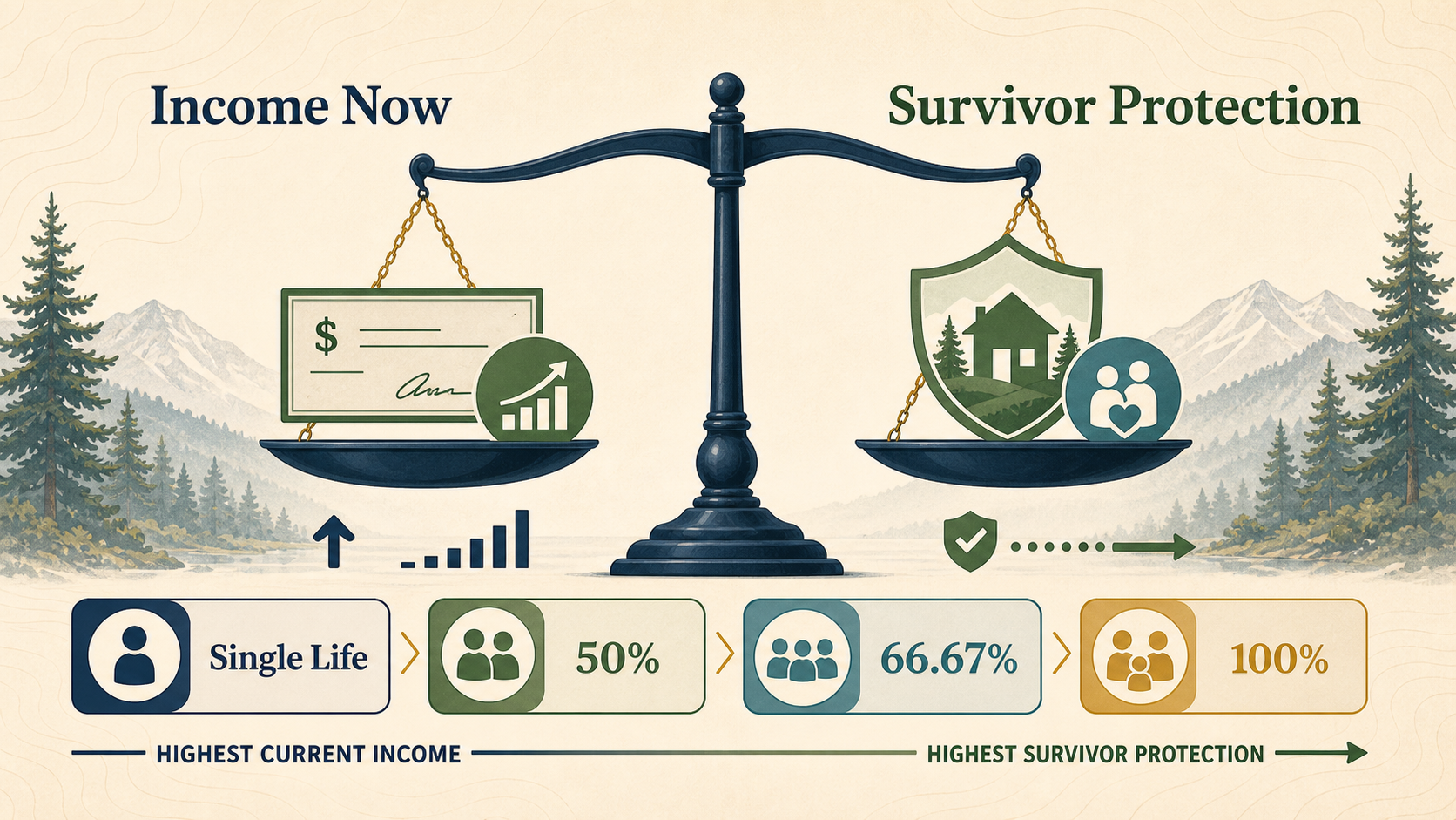 Infographic showing the survivor option tradeoff between income now and survivor protection