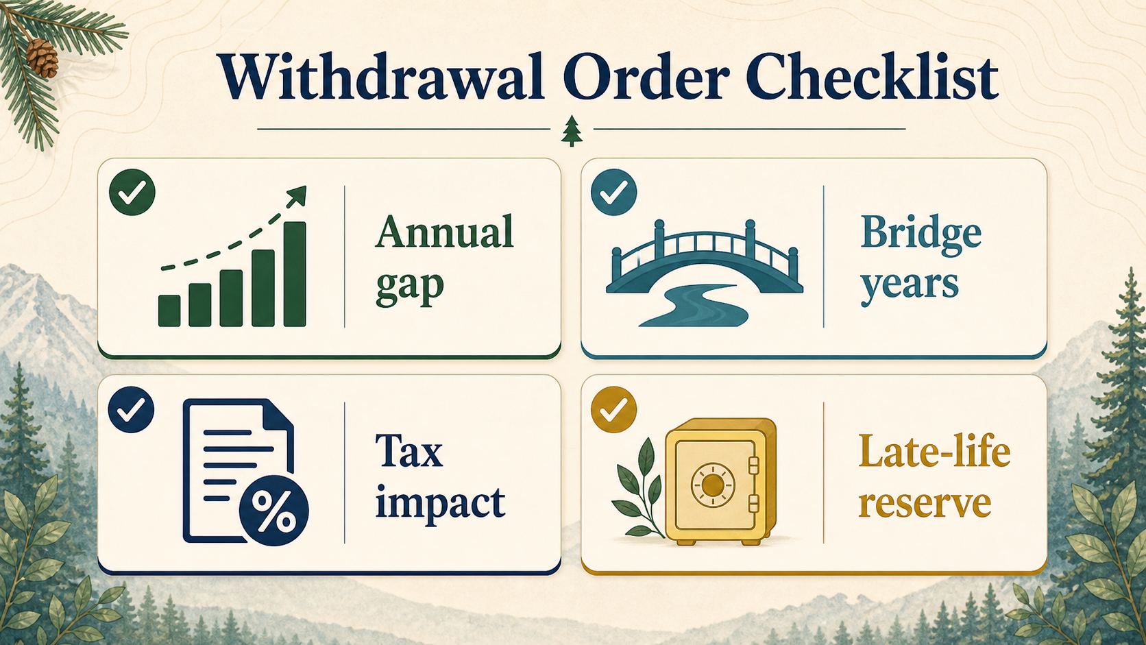 Checklist infographic for testing annual gap, bridge years, tax impact, and late-life reserve before choosing a withdrawal order