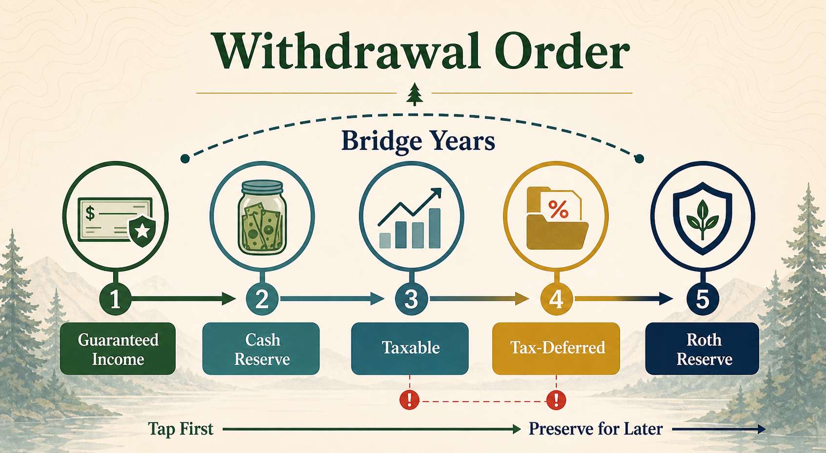 Infographic showing retirement withdrawal order through bridge years across guaranteed income, cash reserve, taxable, tax-deferred, and Roth accounts